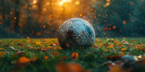 A spherical soccer ball rests on a bed of vibrant green grass, awaiting the thrill of an outdoor...