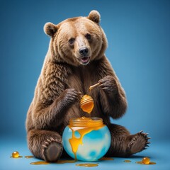 A bear eating honey and sit on a ball with blue background