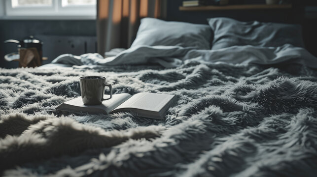 Cozy image of book and cup of coffee on bed