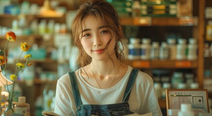 A young woman with a beaming smile stands confidently in a stylish dress, surrounded by vibrant flowers and shelves filled with bottles, creating a warm and inviting atmosphere in an indoor shop - obrazy, fototapety, plakaty