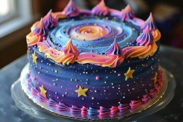 A celestial-inspired cake featuring vibrant hues, twinkling stars, and a truly unique aesthetic.