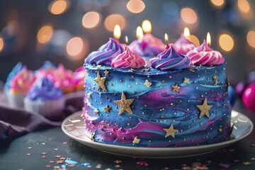 The galaxy-themed cake features cosmic colors, stars, and an out-of-this-world design.