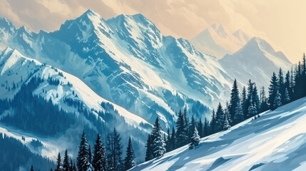 Serene painting of snow covered mountain with pine trees - obrazy, fototapety, plakaty