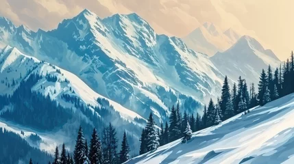 Foto op Canvas Serene painting of snow covered mountain with pine trees © Luisa
