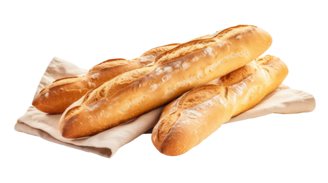 Fresh raw organic baguettes bakery on white isolated on clear png background and transparent background. Bakery and pastry concept for cafe and restaurent, AI generative. 