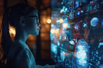 Fototapeta premium Young girl engrossed in advanced interactive interface technology with futuristic graphics