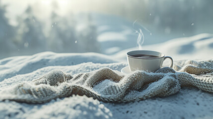 Obraz na płótnie Canvas Cup of coffee resting on cozy blanket