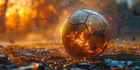 A spherical football rests on the outdoor ground, symbolizing the thrill and camaraderie of soccer