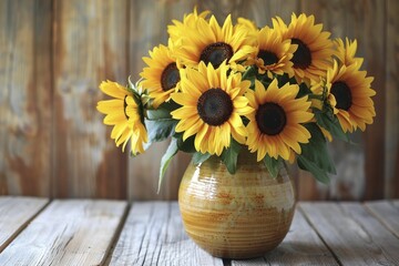 A vibrant sunflower arrangement in a ceramic vase radiates a joyful and warm summery atmosphere.