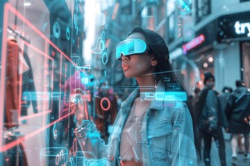 Fototapeta na wymiar Woman experiencing advanced virtual reality in urban setting with futuristic cyber overlay