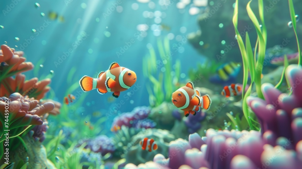 Wall mural vividly animated clownfish swim gracefully in a stunningly detailed and colorful coral reef ecosyste