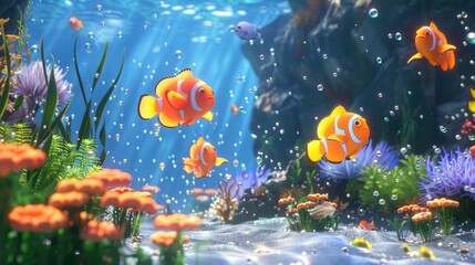 Vividly animated clownfish swim gracefully in a stunningly detailed and colorful coral reef ecosystem.
