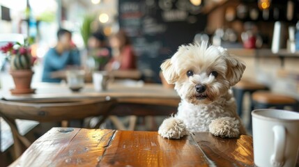 A small, adorable dog sits patiently on a rustic wooden table at a cozy outdoor pet friendly café.