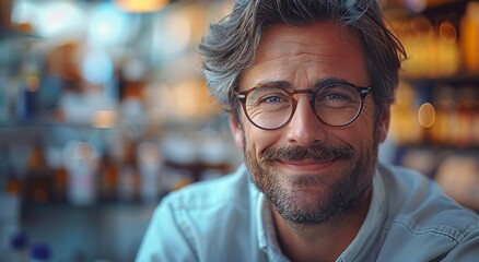 Obraz premium A dapper man with a charming smile and stylish glasses exudes confidence as he stands on the street, his facial hair adding a touch of ruggedness to his otherwise polished appearance