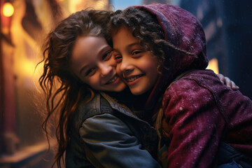 Two little girls embracing each other in rain