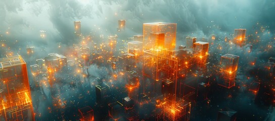 A bustling metropolis engulfed in the harsh glow of pollution, smoke and heat, with flares of fire lighting up the night sky - obrazy, fototapety, plakaty