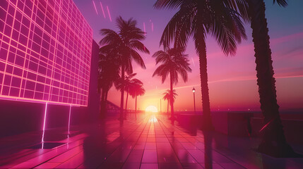 Naklejka premium Sunset Over Cybernetic Cityscape With Palm Trees
