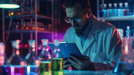Scientist Analyzing Data in a Vibrantly Lit Laboratory at Night