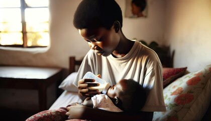 African women bottle feeding her baby. Bottle feeding is a chance to feel close to your baby and get to know and bond with them - obrazy, fototapety, plakaty