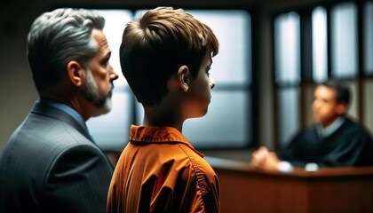 Young boy standing with his attorney inside a juvenile courtA Juvenile Defense Attorney specializes in defending children who find themselves in legal trouble - obrazy, fototapety, plakaty
