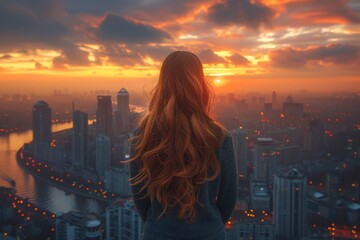A lone woman gazes upon the towering skyscrapers, bathed in the warm hues of a sunset sky, contemplating the bustling city below and the endless possibilities that lie within its urban landscape - obrazy, fototapety, plakaty