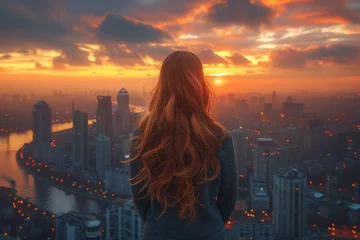 Foto auf Acrylglas Antireflex A lone woman gazes upon the towering skyscrapers, bathed in the warm hues of a sunset sky, contemplating the bustling city below and the endless possibilities that lie within its urban landscape © Larisa AI