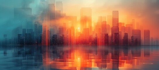 As the morning fog clears, the towering skyscrapers reflect in the calm waters, creating a picturesque city skyline at sunrise - obrazy, fototapety, plakaty