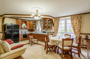 interior kitchen and dining room, refectory area, cooking equipment, table furniture, stove