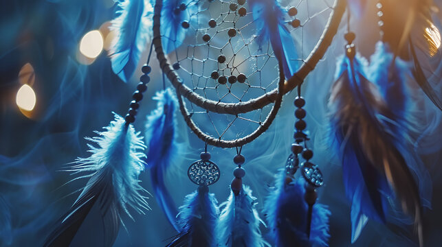 Blue Watercolor Bohol Dreamcatcher, Handmade dream catcher with feathers threads and beads rope close up, Hand drawn dreamcatcher on a blue watercolor background
