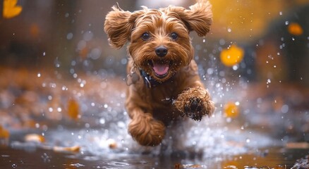 A playful terrier happily splashes through the shimmering blue waters, embodying the carefree joy of a beloved pet in the great outdoors - obrazy, fototapety, plakaty
