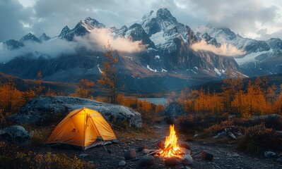 Amidst the serene landscape of nature, a campfire crackles in front of a majestic mountain, casting a warm glow upon the surrounding trees and ground, as the sky above slowly transforms from a dark c - obrazy, fototapety, plakaty
