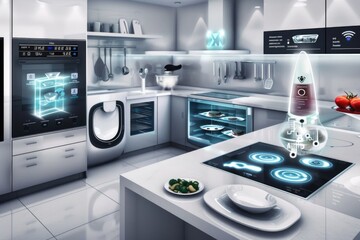 Smart kitchen with AI voice assistant and interactive holographic food preparation technology