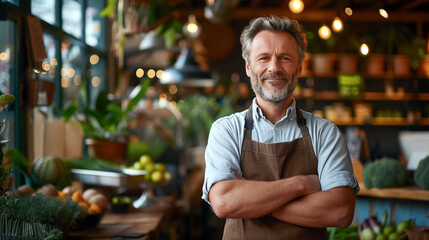 Successful small business owner standing with crossed arms on background of his shop.