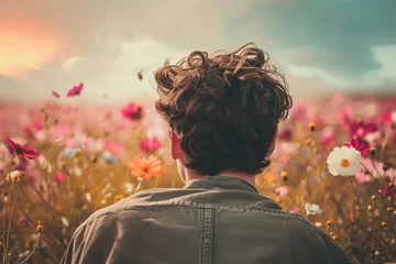 Zelfklevend Fotobehang Person standing in field of colorful flowers © Luisa