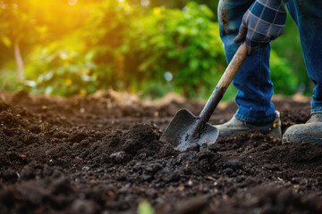 Person using shovel to dig in dirt, suitable for construction projects
