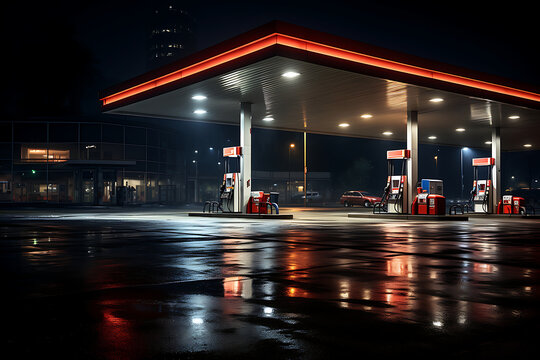 Gas station at night, 3d rendering. Computer digital drawing.