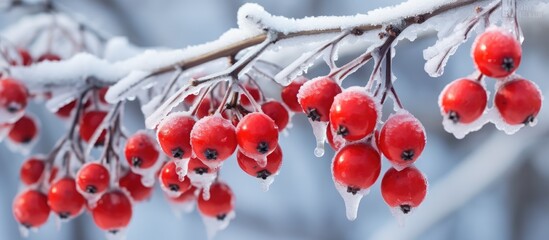 Winter snowfall on a rowan tree branch adorned with red berries and frost. - obrazy, fototapety, plakaty