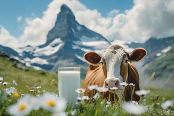 Fototapeta na wymiar Cow and a glass of milk, with majestic mountain scenery in the background. 