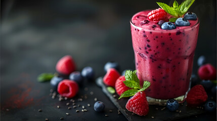 Berry smoothie on rustic background Copy Space, Pink strawberry smoothie or milkshake in mason jar on blue table. Healthy food for breakfast and snack. copy space for text. Generative Ai  - obrazy, fototapety, plakaty