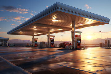 Gas station with sunset sky background. 3d rendering. - obrazy, fototapety, plakaty