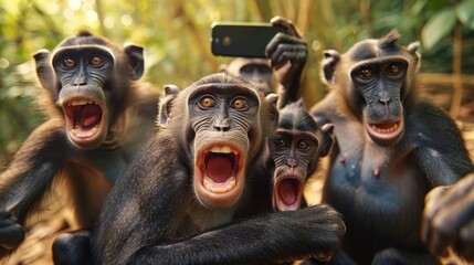 A bunch of monkeys shooting selfies. Generative Ai. - obrazy, fototapety, plakaty