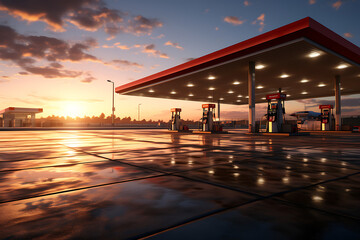 Gas station with sunset sky background. 3d rendering. - obrazy, fototapety, plakaty