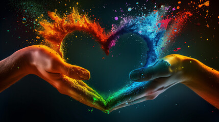 hands come together, shaping a heart and blending paint in the radiant hues of a rainbow