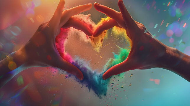 sight of hands forming a heart shape, enveloped in swirling smoke adorned with the vibrant hues of a rainbow - Powered by Adobe