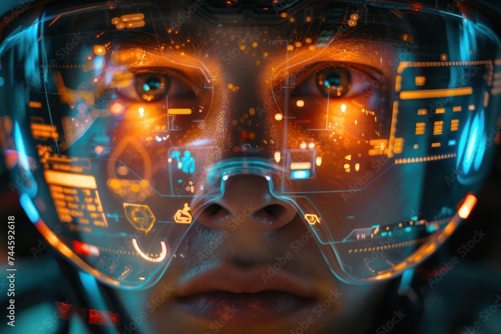 Poster a close up shot of a soldiers face illuminated by the glow of a heads up display showcasing vital in