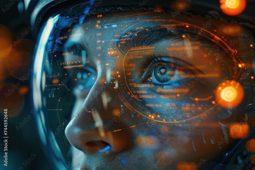 Poster a close up shot of a soldiers face illuminated by the glow of a heads up display showcasing vital in