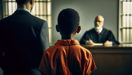 Young boy standing with his attorney inside a juvenile courtA Juvenile Defense Attorney specializes in defending children who find themselves in legal trouble - obrazy, fototapety, plakaty