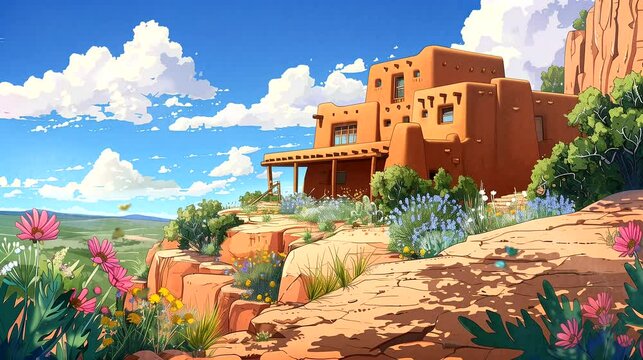 An adobe pueblo dwelling nestled in the red rock canyons of New Mexico. Fantasy landscape anime or cartoon style, seamless looping 4k time-lapse virtual video animation background
