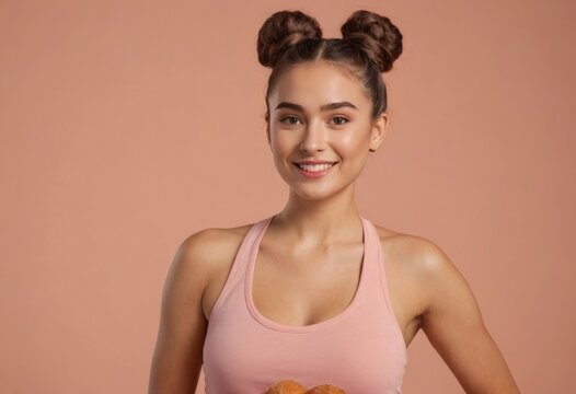 A radiant young woman with playful hair buns and a pink tank top smiles brightly, her friendly demeanor and casual style evoke approachability and charm.