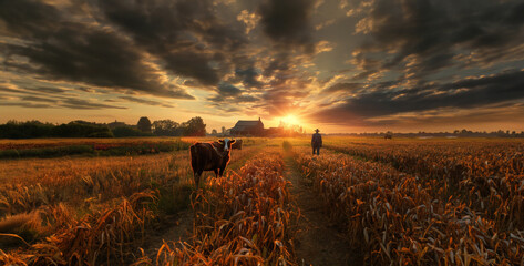 sunset over the field, a farmer working in the fields, tending to crops and livestock with care and expertise, sustaining food production - obrazy, fototapety, plakaty